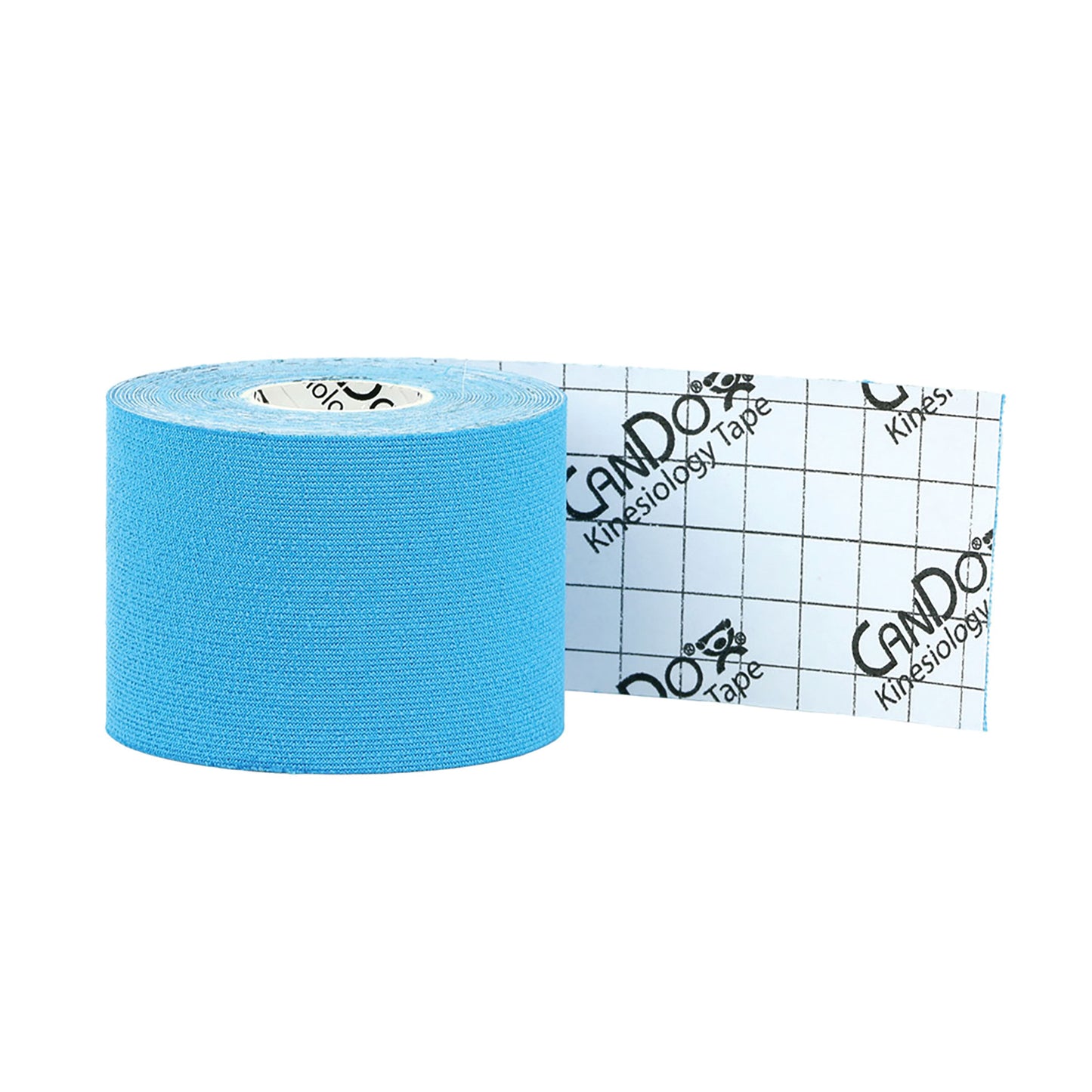 A roll of blue CanDo Kinesiology Tape with grid-patterned backing for easy cutting is displayed against a white background.