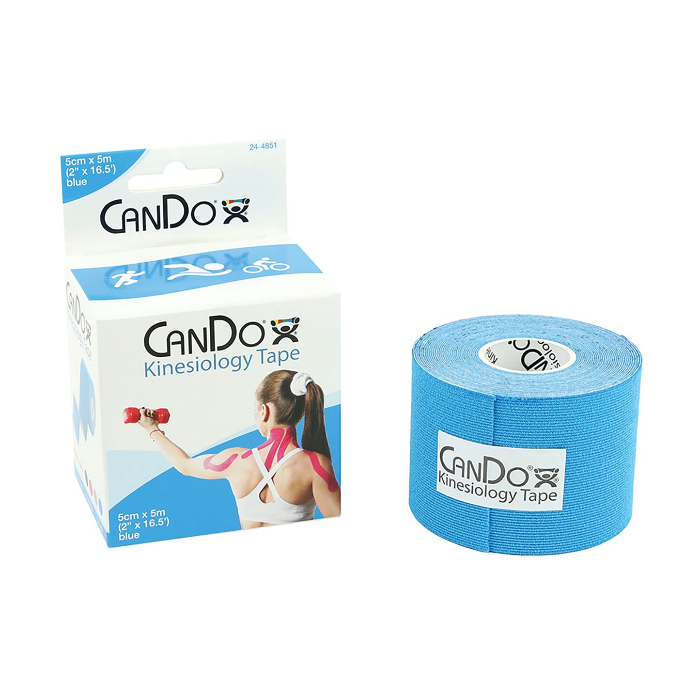 CanDo Kinesiology Tape in blue is shown alongside its packaging, featuring an image of a person using the tape on their shoulder.