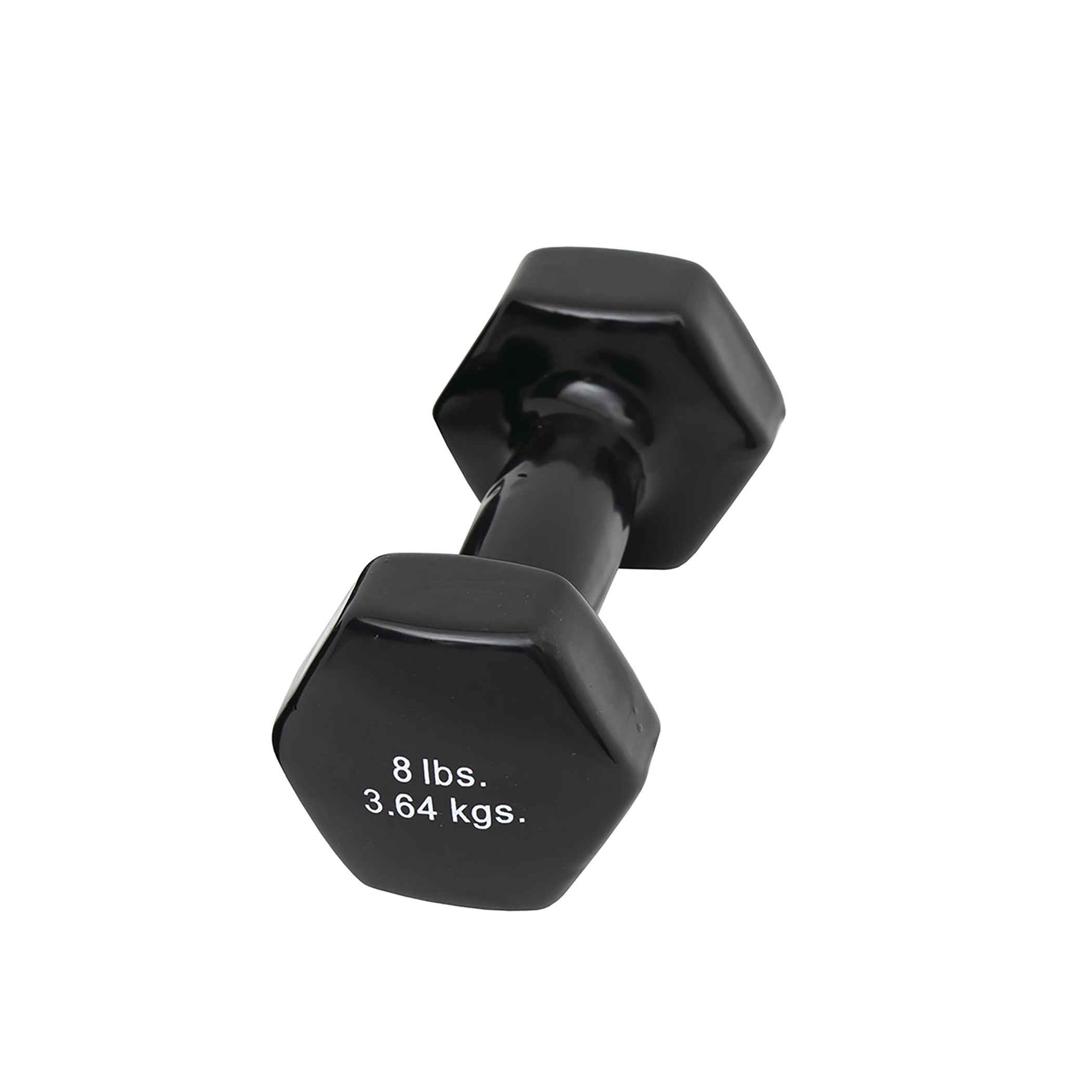 A black CanDo Vinyl-Coated Dumbbell with hexagonal ends, labeled with the weight 8 lbs (3.64 kgs).