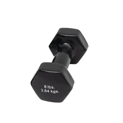 A black CanDo Vinyl-Coated Dumbbell with hexagonal ends, labeled with the weight 8 lbs (3.64 kgs).