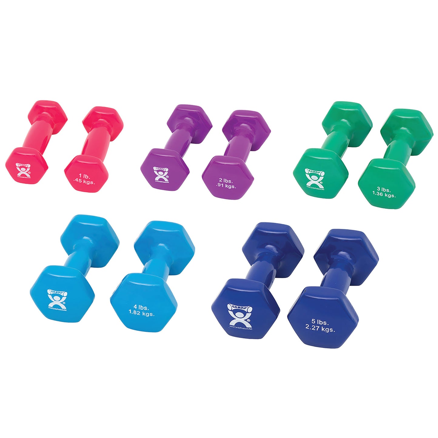 CanDo Vinyl-Coated Dumbbell Set features five pairs of colorful dumbbells in weights ranging from 1 to 5 pounds.