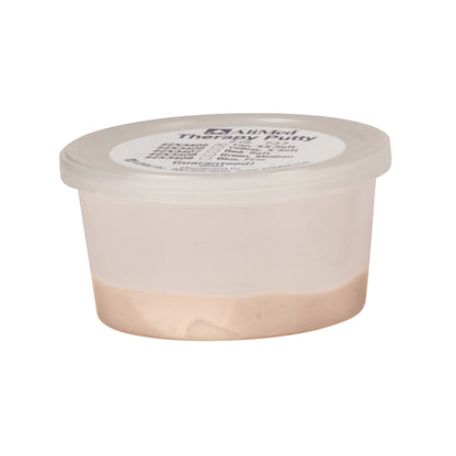 A small clear plastic container with a lid, labeled "AliMed Color-Coded Therapy Putty," containing beige therapy putty.