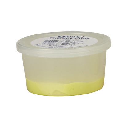 A container of AliMed Color-Coded Therapy Putty with yellow putty inside and a labeled lid, used for hand therapy exercises.
