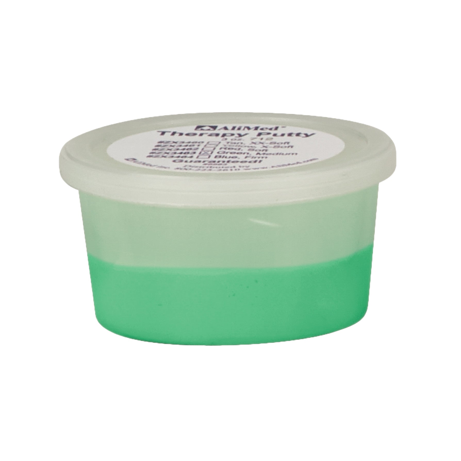AliMed Color-Coded Therapy Putty in a small, round container with a white lid and green putty inside.
