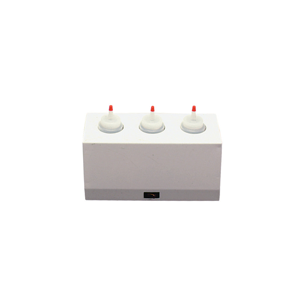 The Ideal Lotion and Gel Warmer features a white rectangular unit with three red-tipped pump openings for warming lotions and gels.
