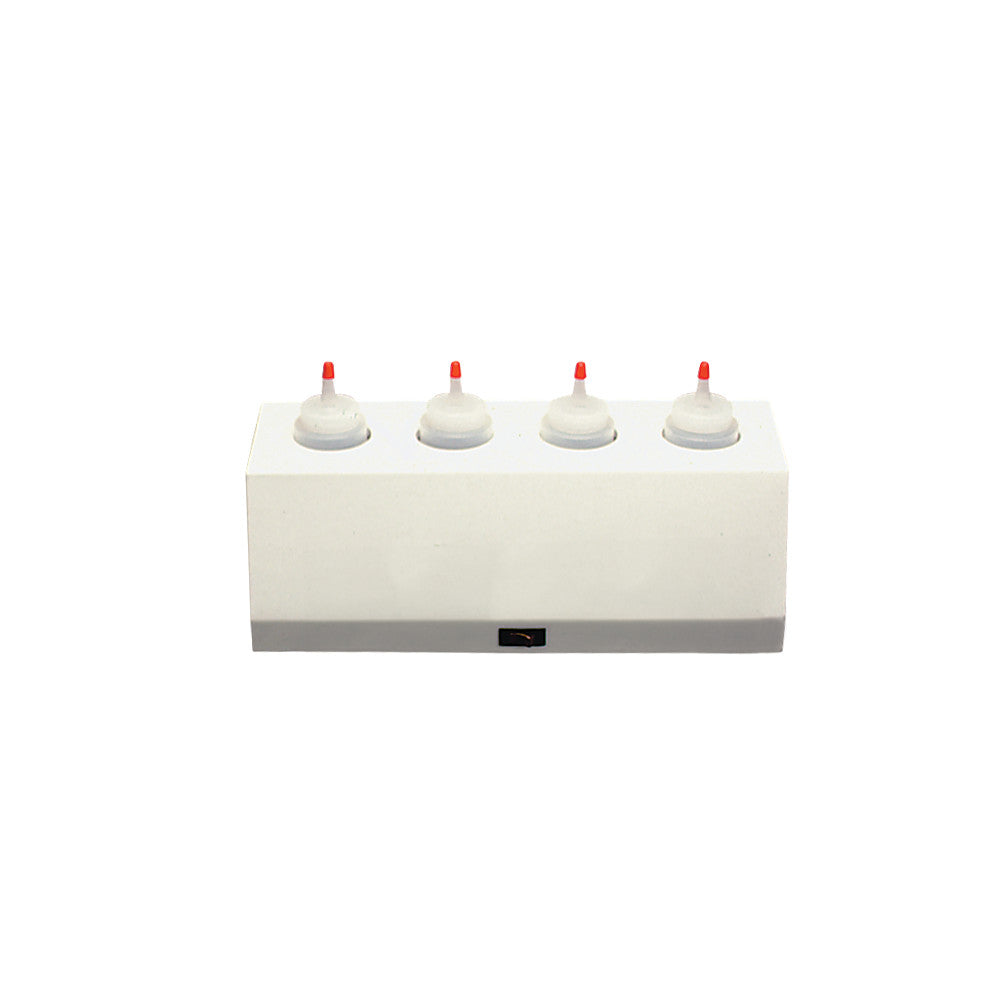 Ideal Lotion and Gel Warmer with four white bottle holders, each with a red cap, on a rectangular white base.