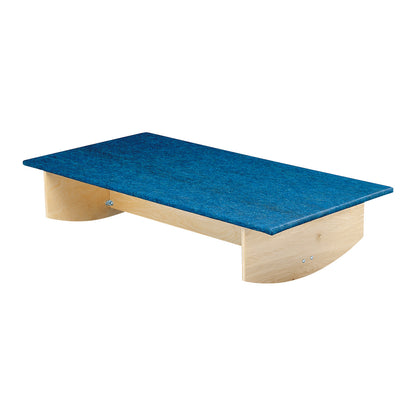 Bailey Front-to-Back Vestibular Board with a blue carpeted surface mounted on curved wooden legs for balance training.