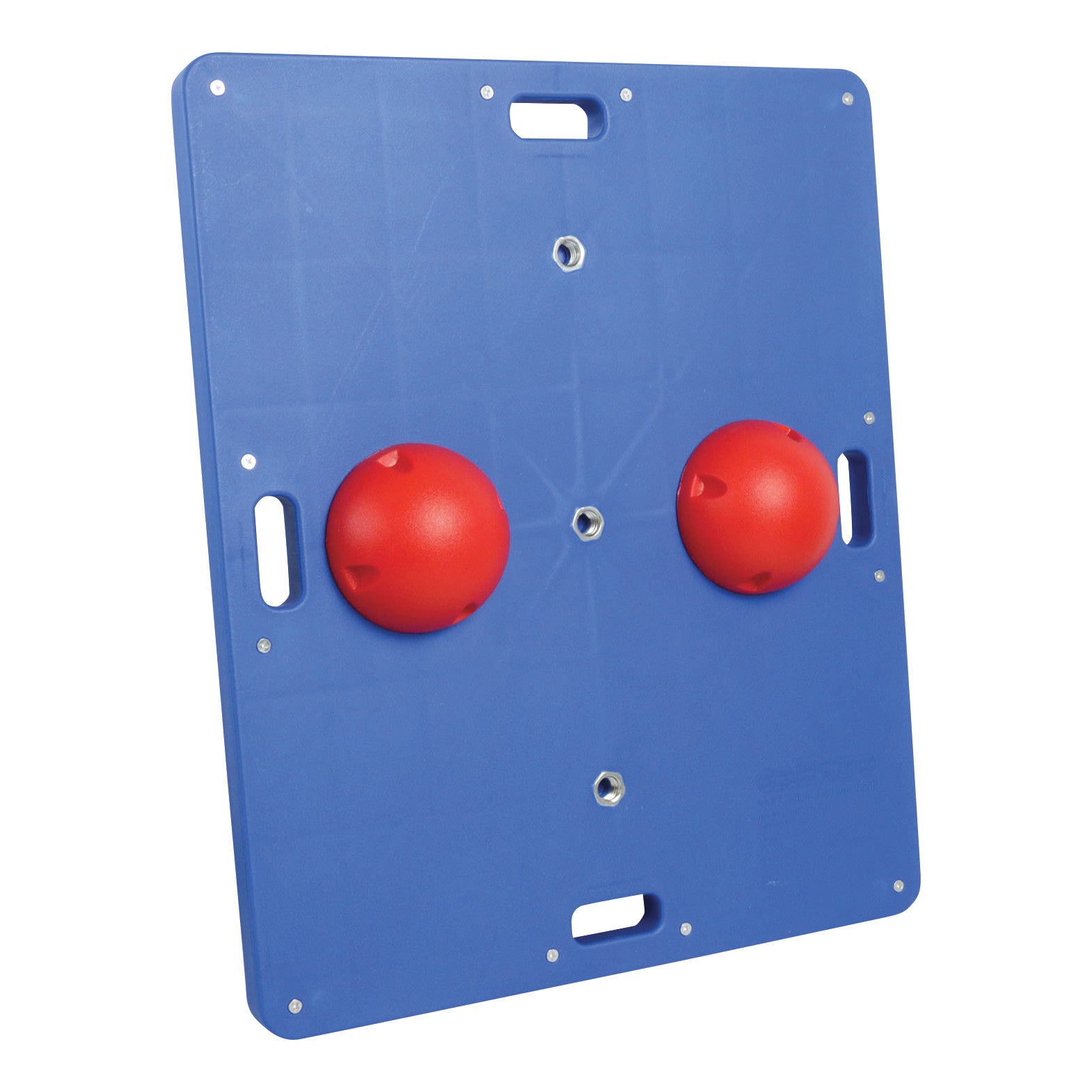 CanDo Rectangular Balance Board with a blue surface and two red semi-spherical grips, featuring handles and mounting holes.