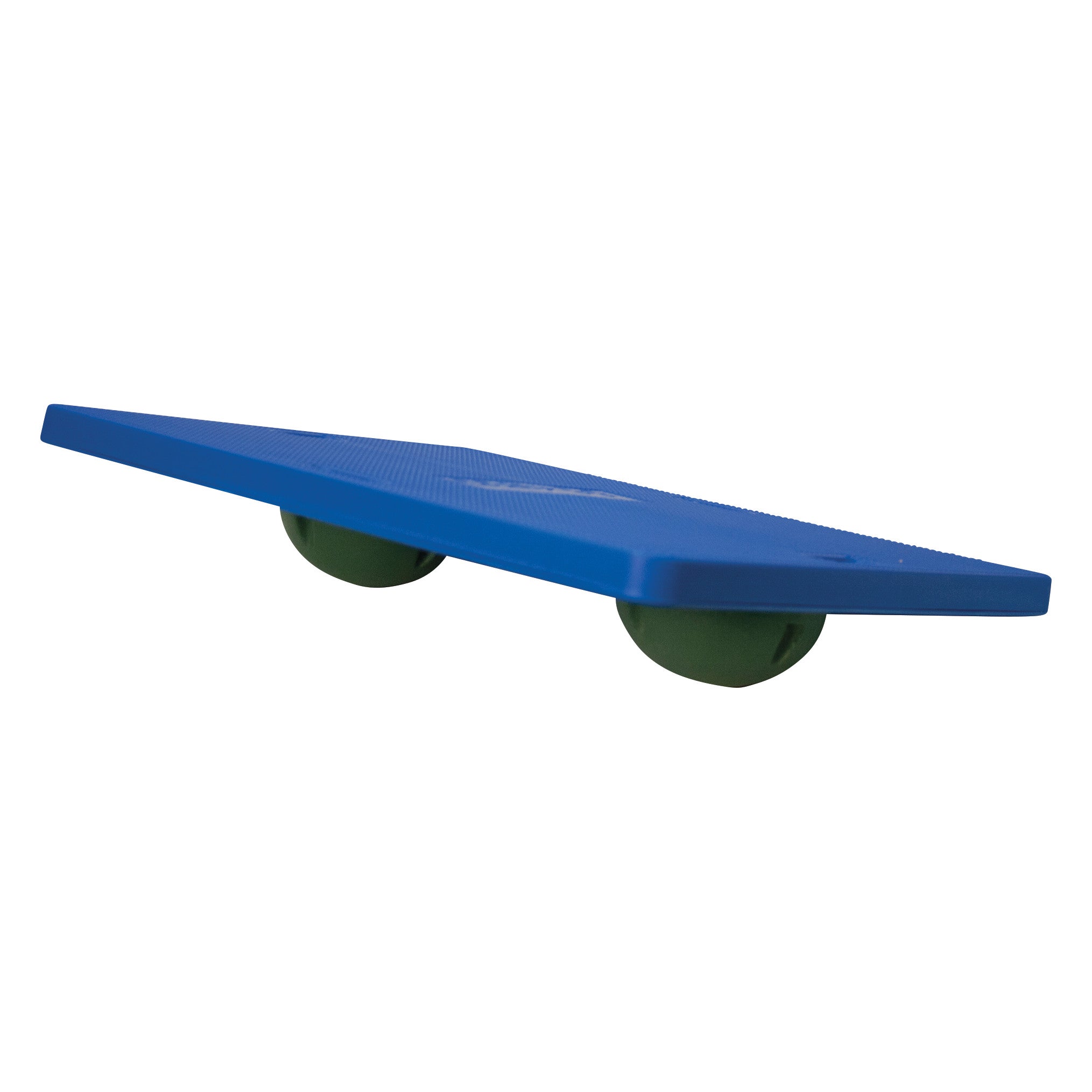 The CanDo Rectangular Balance Board is blue with two green spherical bases underneath, used for balance and exercise activities.