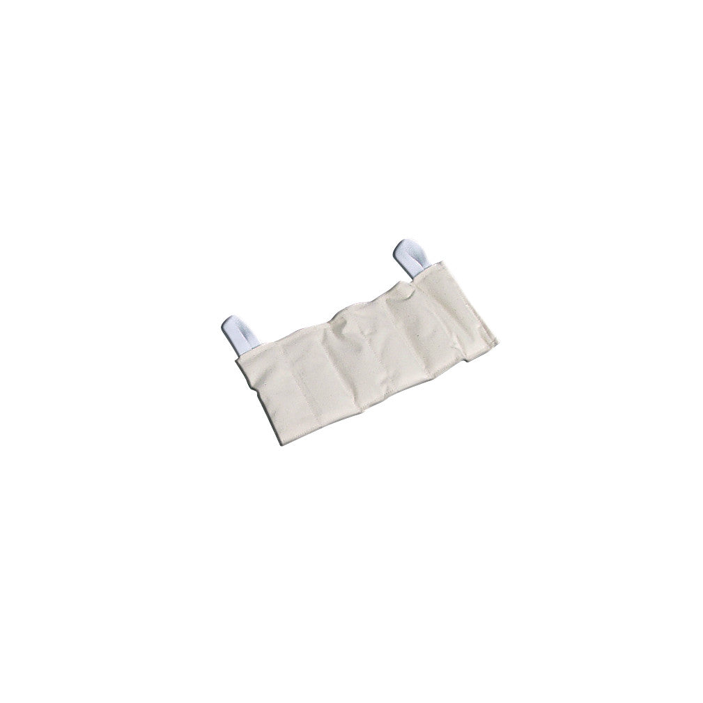 A beige AliMed Hot Pack filled with compartments, featuring two white straps for securing.