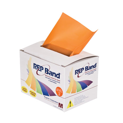 A box labeled "REP Band Non-Latex Resistive Exercise Band" dispenses an orange exercise band, indicating it is Level 2.