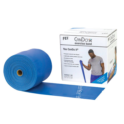 A box and roll of CanDo Latex Exercise Band in blue, used for therapeutic exercises to improve strength and flexibility.
