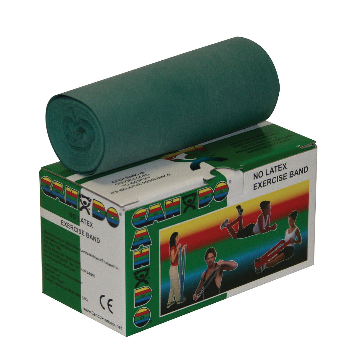A rolled-up green CanDo Non-Latex Exercise Band sits on a box showing people using the band for various exercises.