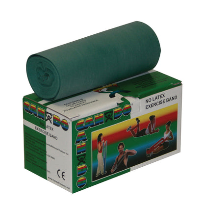 A rolled-up green CanDo Non-Latex Exercise Band sits on a box showing people using the band for various exercises.