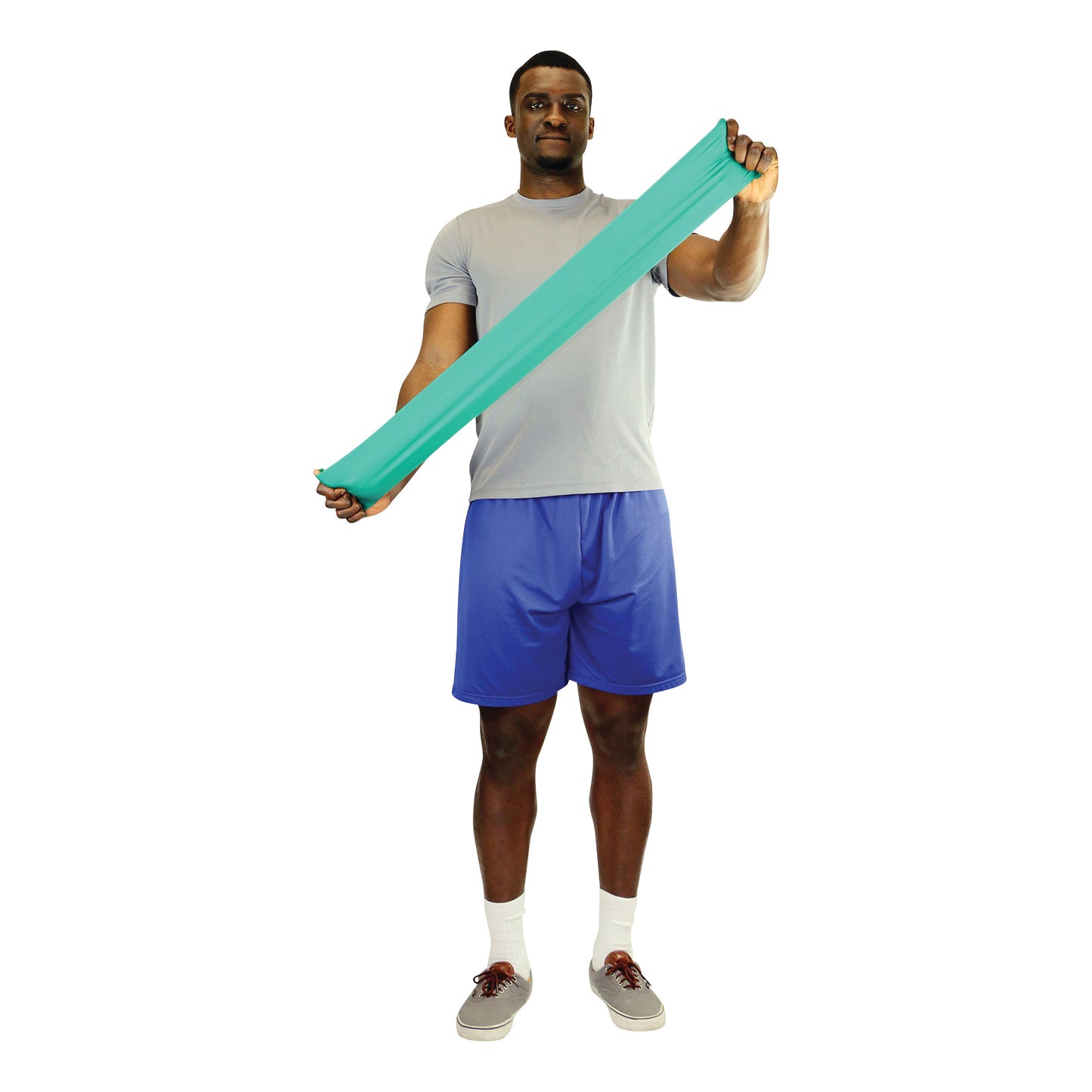 A person exercising with a teal CanDo Non-Latex Exercise Band, wearing a gray shirt, blue shorts, and sneakers.