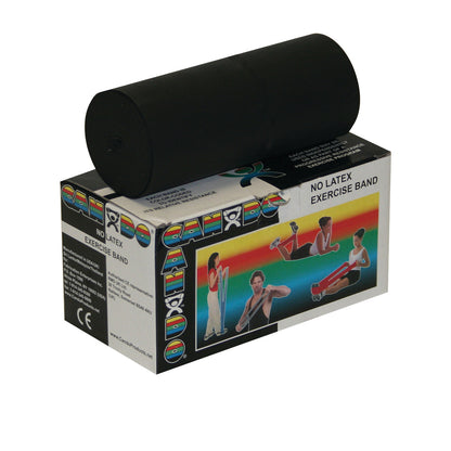 CanDo Non-Latex Exercise Band, black, shown on its packaging featuring images of people using the band for various exercises.