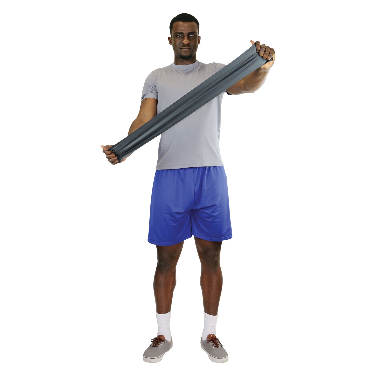 A person uses a CanDo Non-Latex Exercise Band, stretching it horizontally. The person wears a gray shirt and blue shorts.
