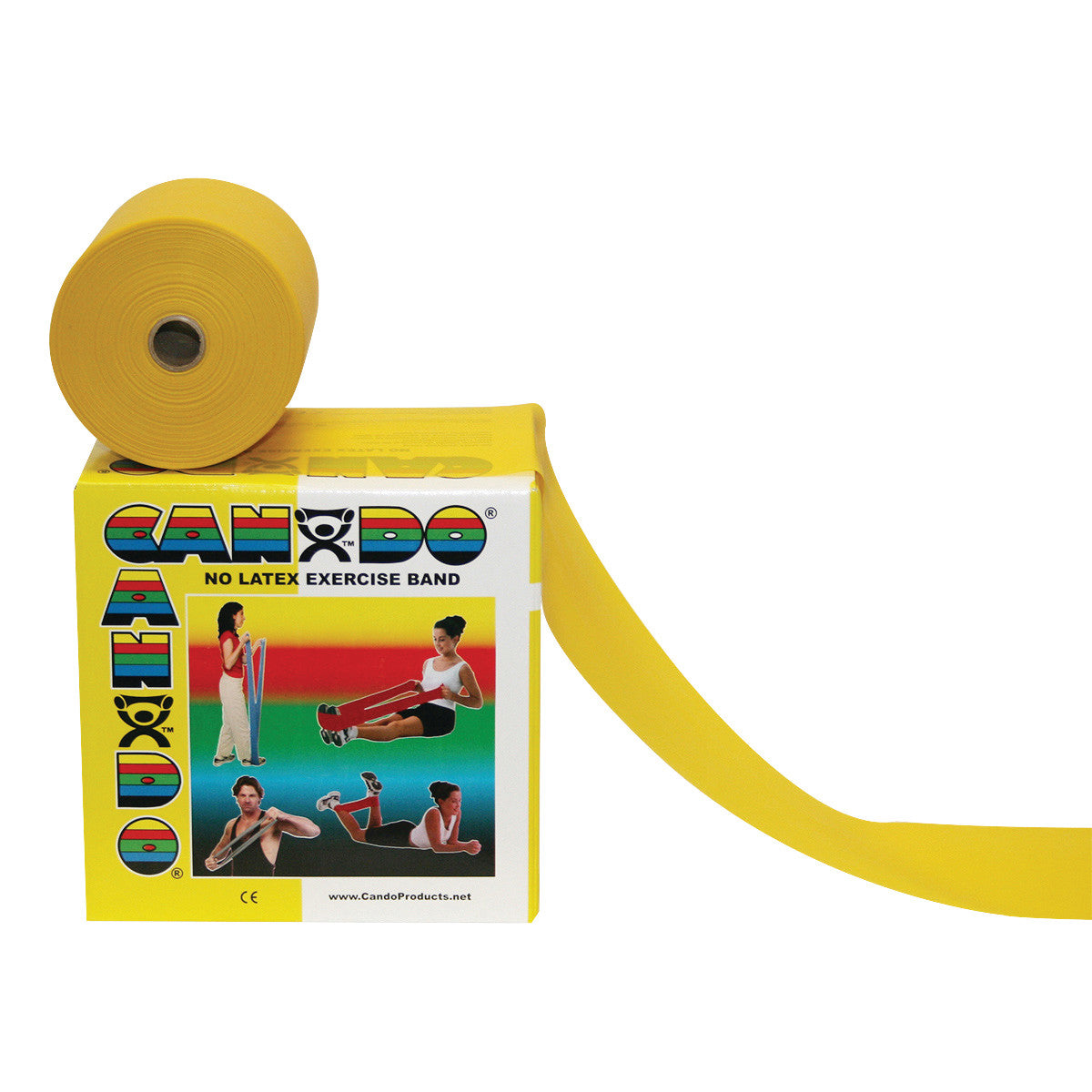 Yellow CanDo Non-Latex Exercise Band shown on a roll, resting on its box featuring images of various exercises.