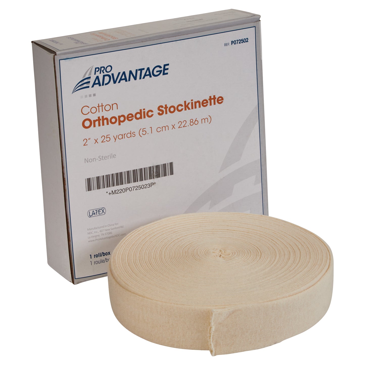 Box and roll of Pro Advantage Cotton Orthopedic Stockinette, 2" x 25 yards, non-sterile, made of latex.