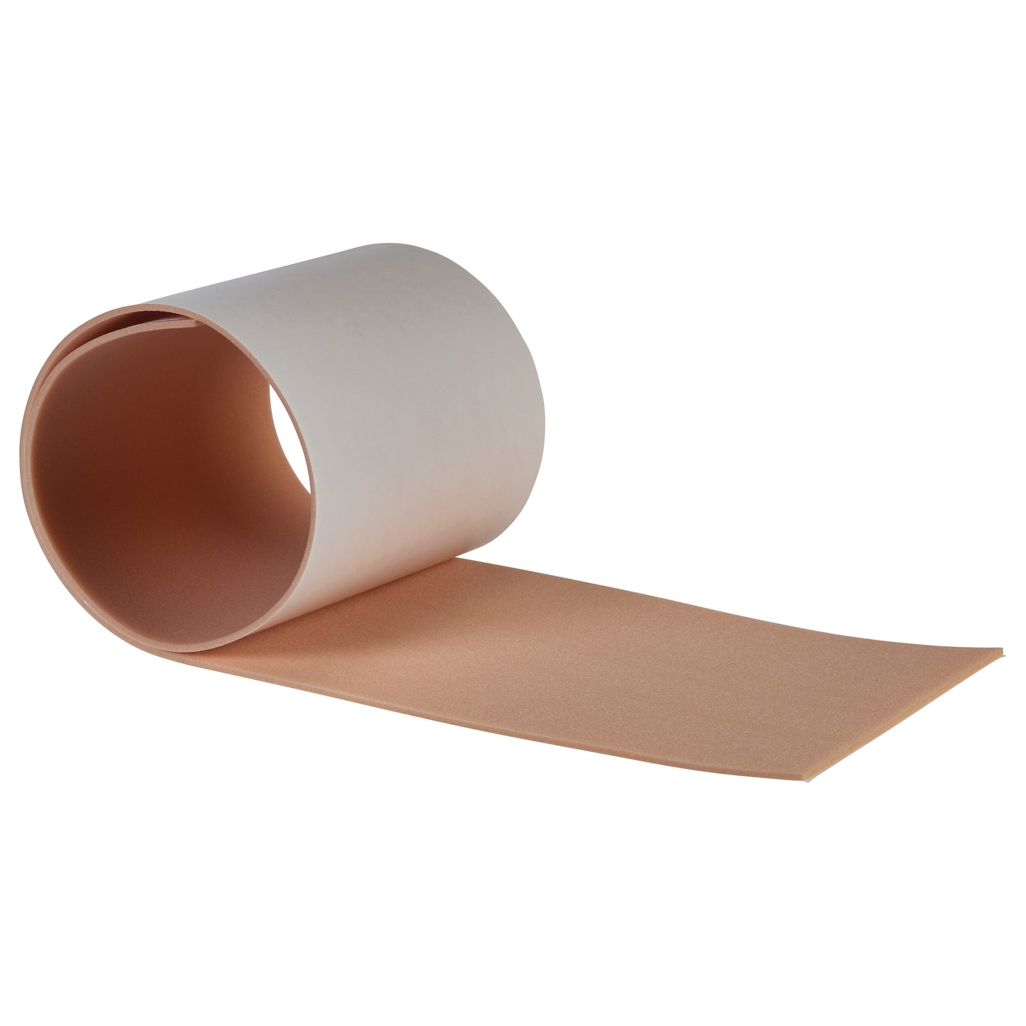 A roll of AliMed Plastazote Self-Stick Padding with a tan surface and adhesive backing, partially unrolled on a white background.