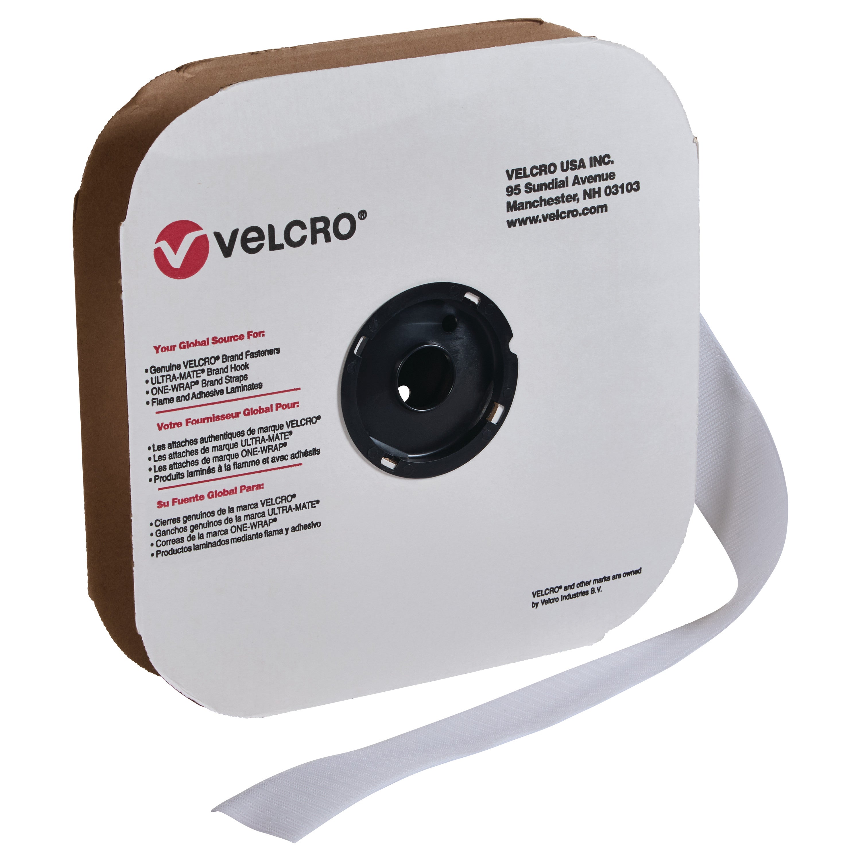 A roll of Standard VELCRO Brand Hook Tape on a brown and white spool, with text in multiple languages on the label.