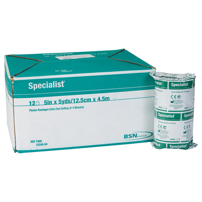 Specialist Plaster of Paris Bandage box and a wrapped bandage roll with green and white packaging, labeled extra fast setting.