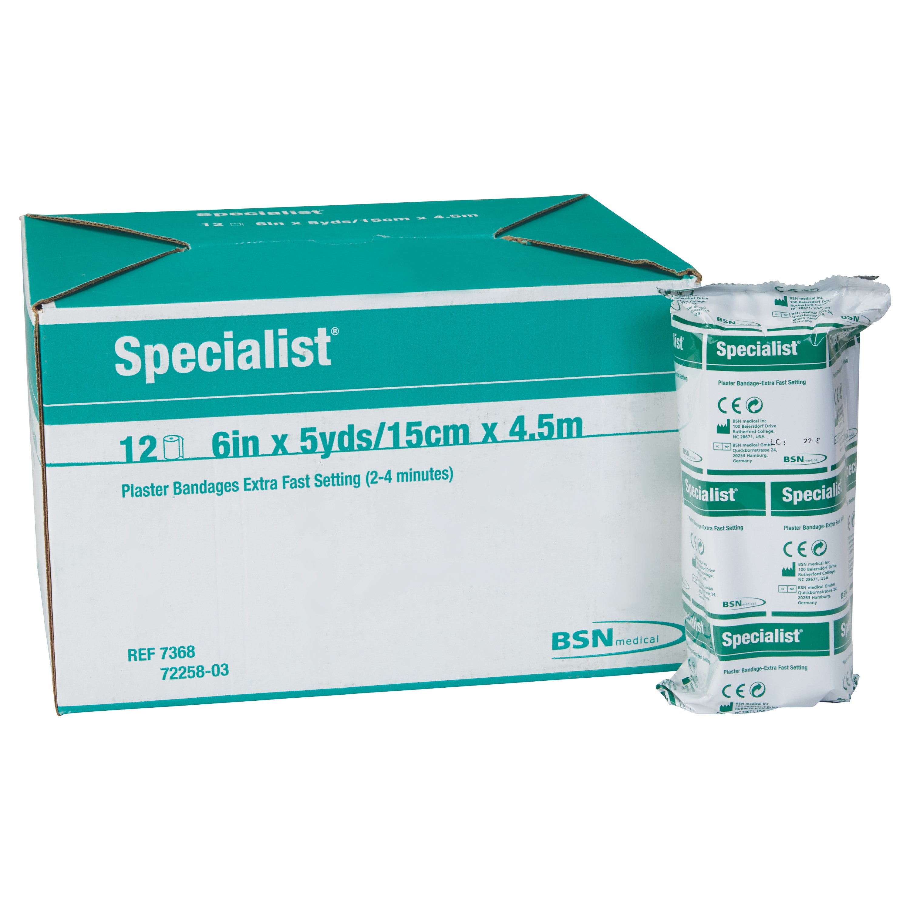 A box and wrapped roll of Delta-Cast Specialist Plaster of Paris Bandage, 6in x 5yds, extra fast setting for medical use.