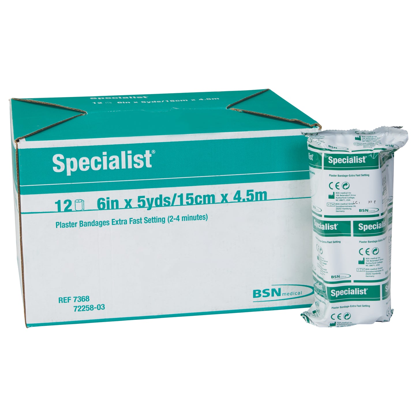 A box and wrapped roll of Delta-Cast Specialist Plaster of Paris Bandage, 6in x 5yds, extra fast setting for medical use.