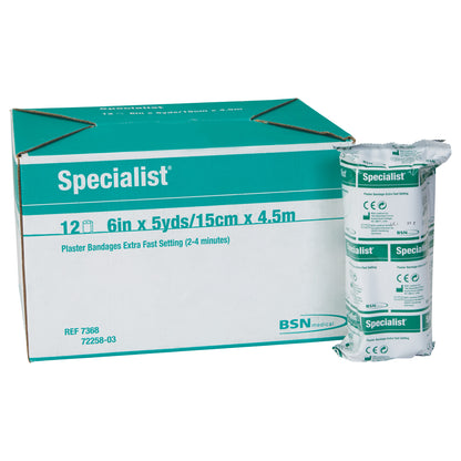 A box and wrapped roll of Delta-Cast Specialist Plaster of Paris Bandage, 6in x 5yds, extra fast setting for medical use.