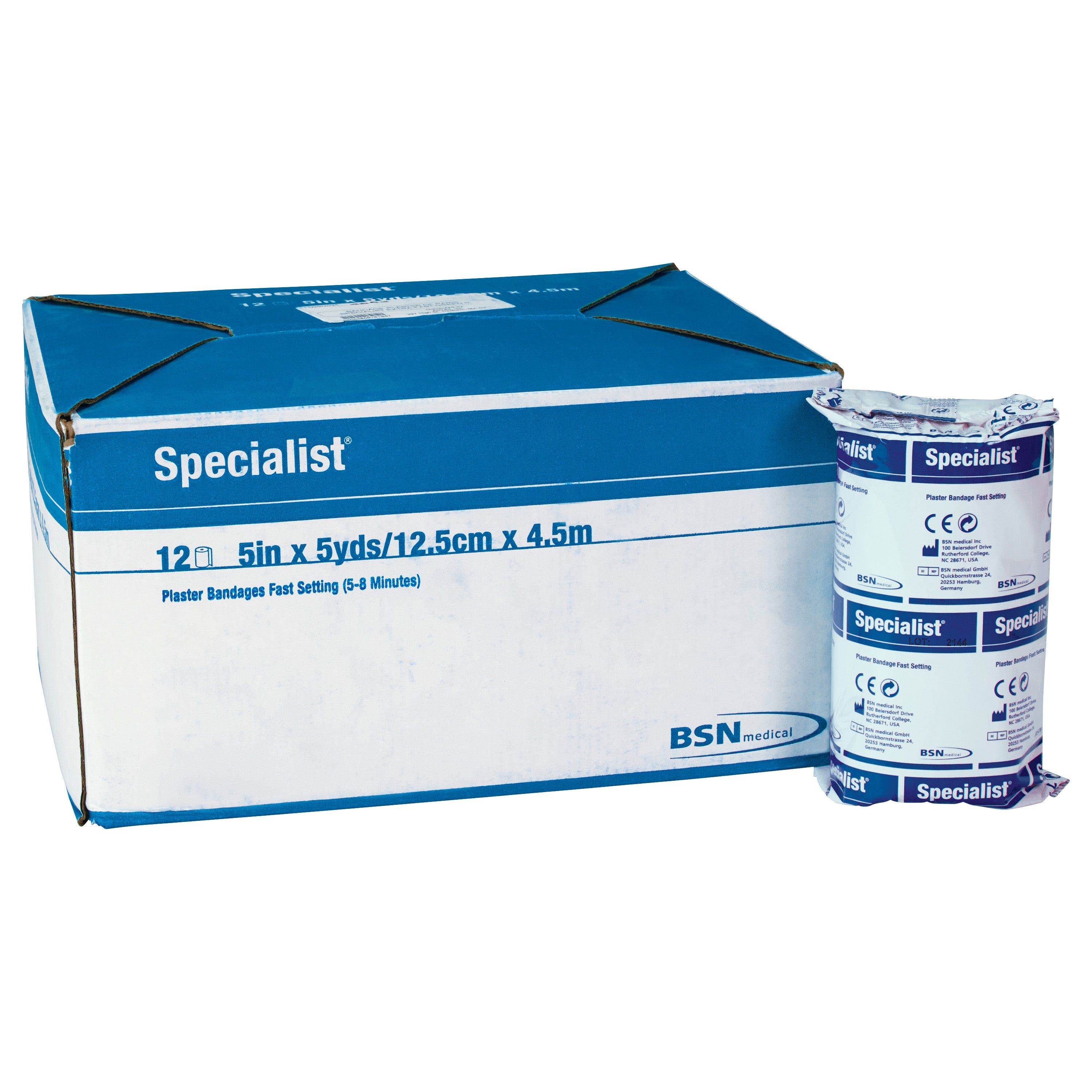 Delta-Cast Specialist Plaster of Paris Bandage in white and blue packaging, next to an open wrap showing product details.