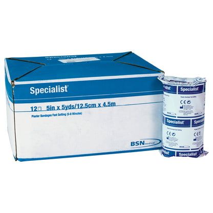 Delta-Cast Specialist Plaster of Paris Bandage in white and blue packaging, next to an open wrap showing product details.