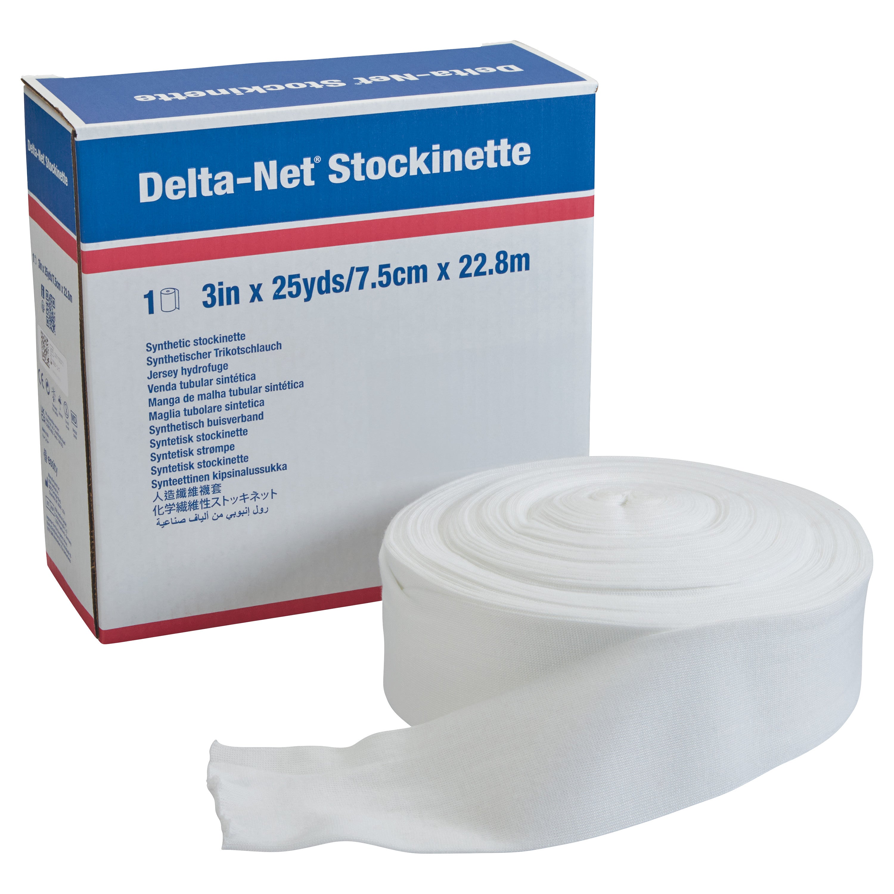 A box of Delta-Cast Delta-Net Orthopedic Synthetic Stockinette with a rolled-out section, measuring 3in x 25yds/7.5cm x 22.8m.