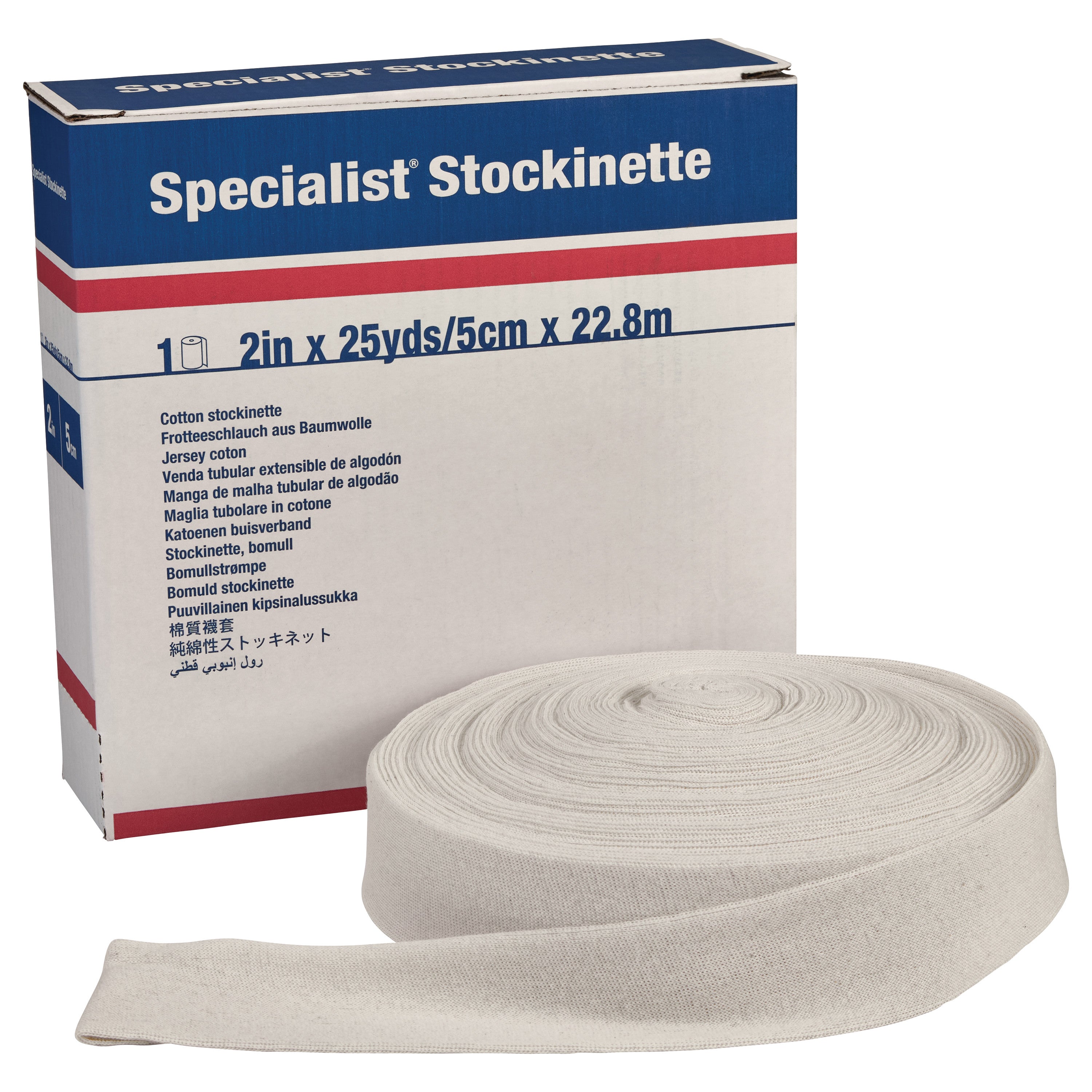 Delta-Cast Specialist Orthopedic Cotton Stockinette in a roll, measuring 2 inches by 25 yards, next to its packaging.