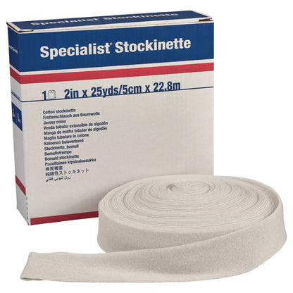 Delta-Cast Specialist Orthopedic Cotton Stockinette in a roll, measuring 2 inches by 25 yards, next to its packaging.
