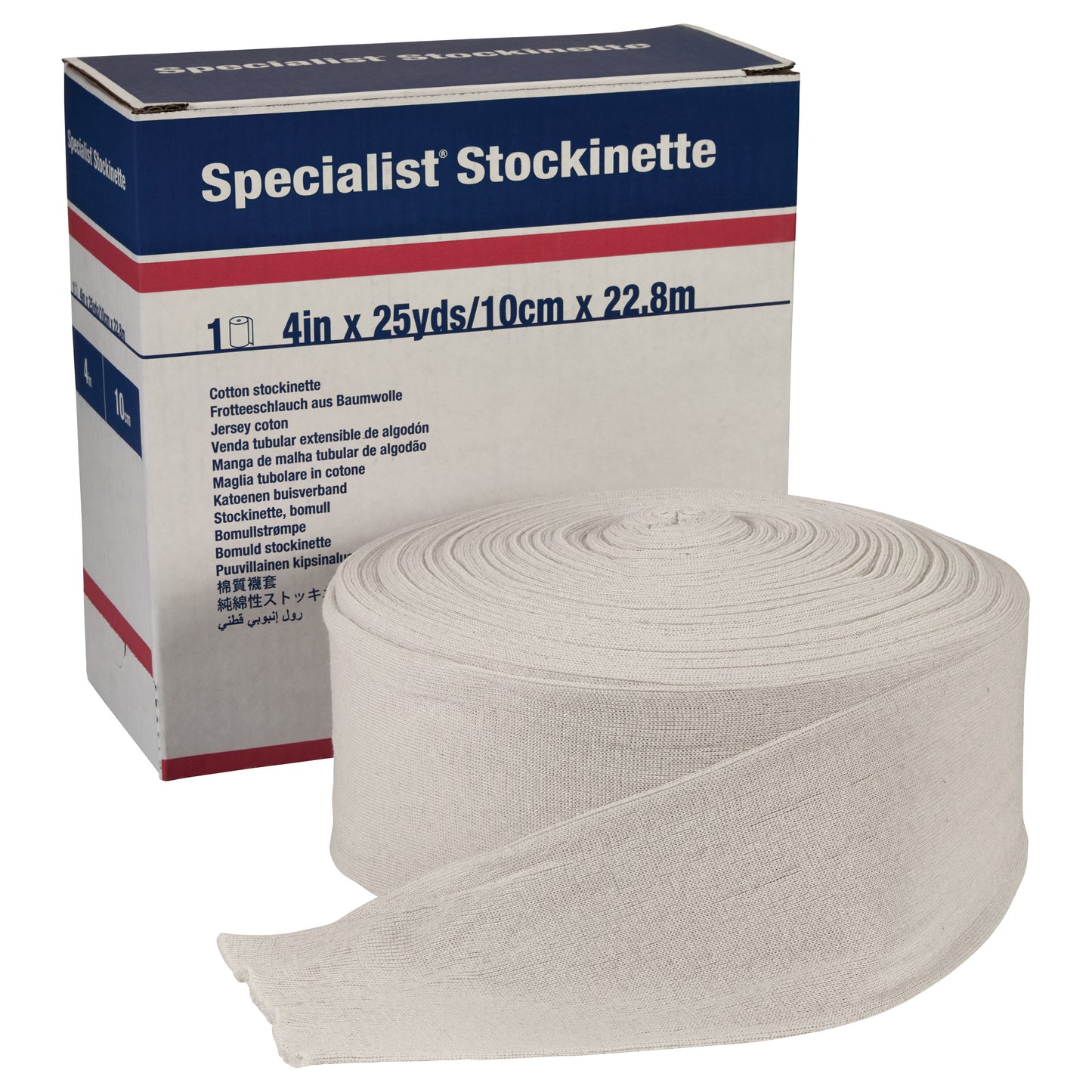 A roll of Delta-Cast Specialist Orthopedic Cotton Stockinette sits next to its packaging, which is labeled with size and product details.