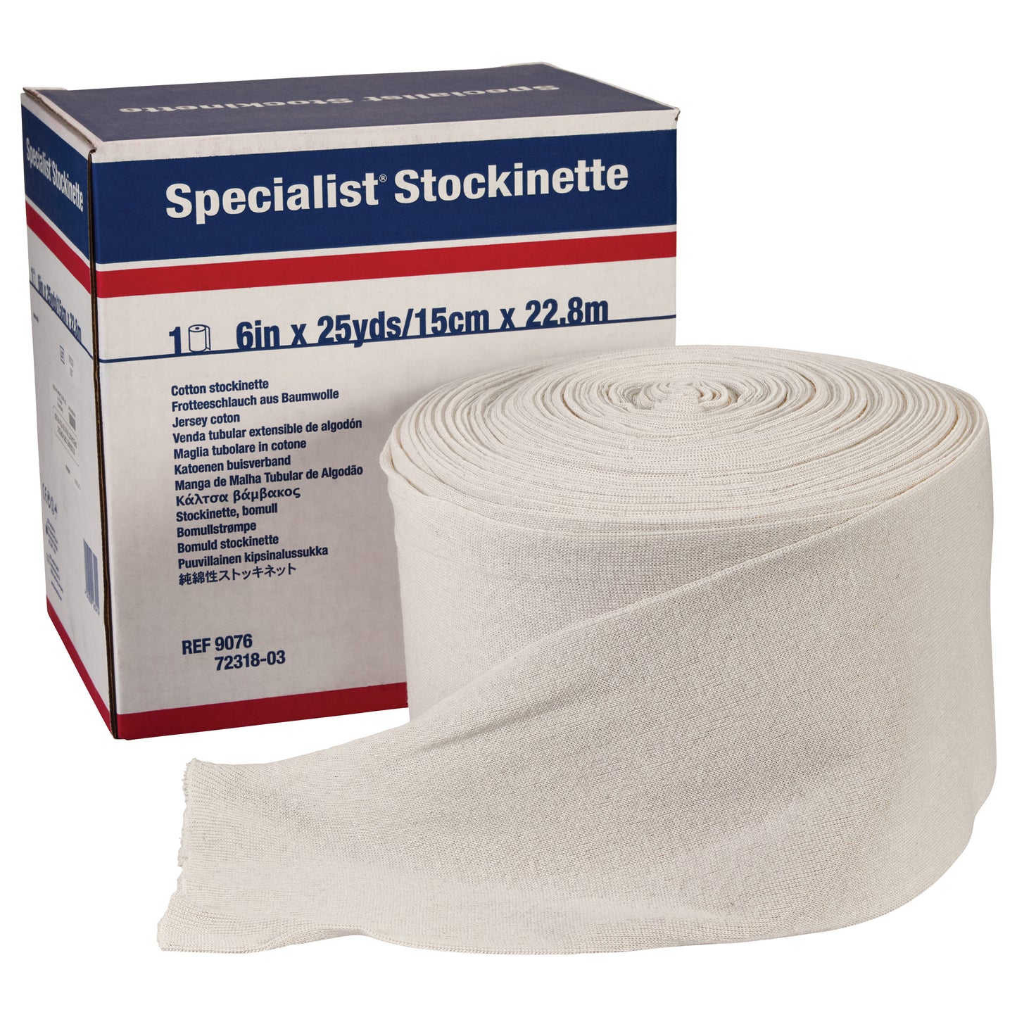 A roll of Delta-Cast Specialist Orthopedic Cotton Stockinette next to its box, labeled with dimensions 6in x 25yds/15cm x 22.8m.