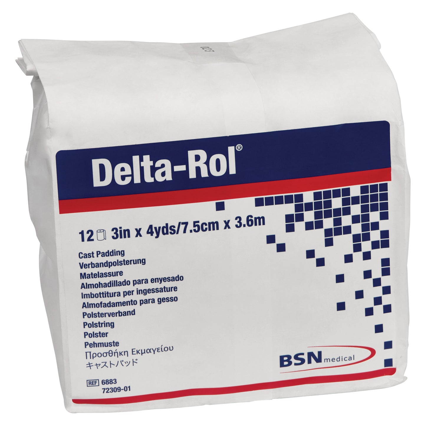 Delta-Cast Delta-Rol Synthetic Cast Padding package, 12 rolls, 3in x 4yds, with multilingual text and a blue pixel design.