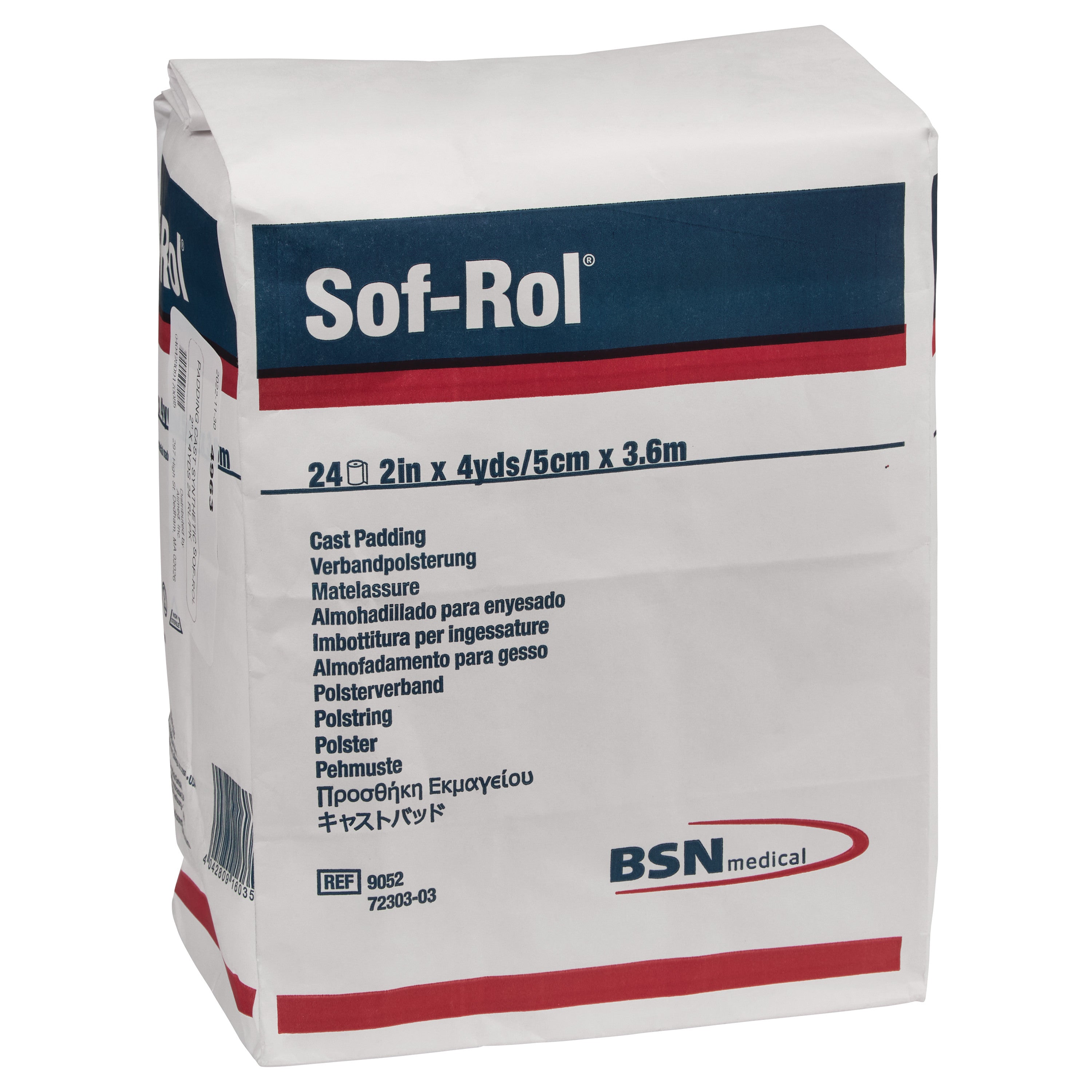 Delta-Cast Sof-Rol Synthetic Cast Padding packaging in white with blue and red details, listing dimensions and multilingual descriptions.