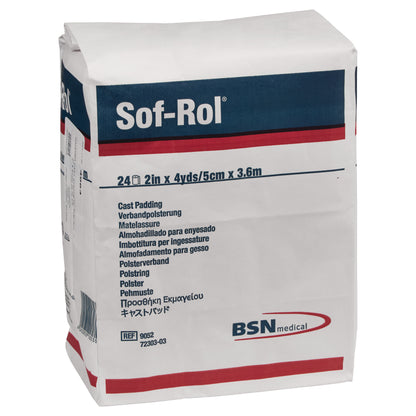 Delta-Cast Sof-Rol Synthetic Cast Padding packaging in white with blue and red details, listing dimensions and multilingual descriptions.