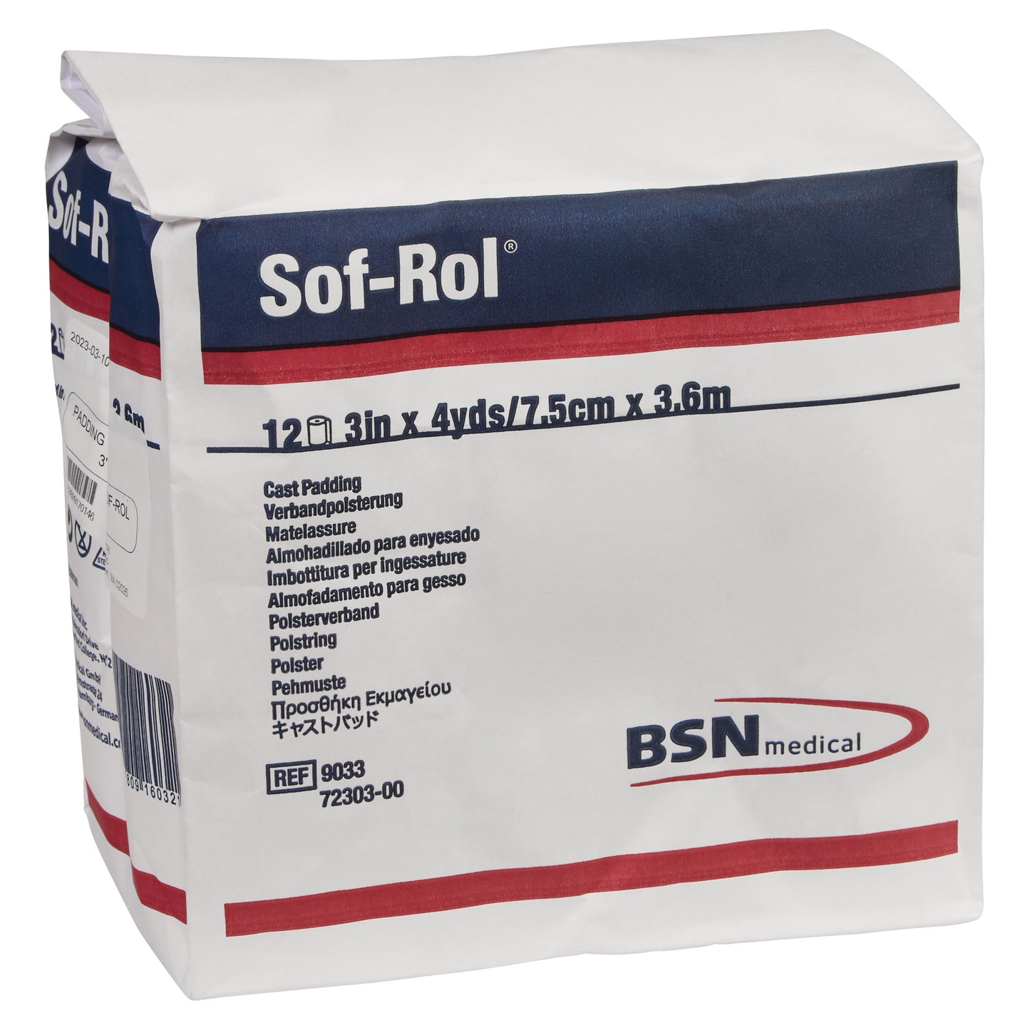 Delta-Cast Sof-Rol Synthetic Cast Padding package, size 3 inches by 4 yards, with multilingual descriptions and BSN medical logo.