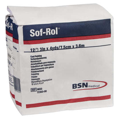 Delta-Cast Sof-Rol Synthetic Cast Padding package, size 3 inches by 4 yards, with multilingual descriptions and BSN medical logo.