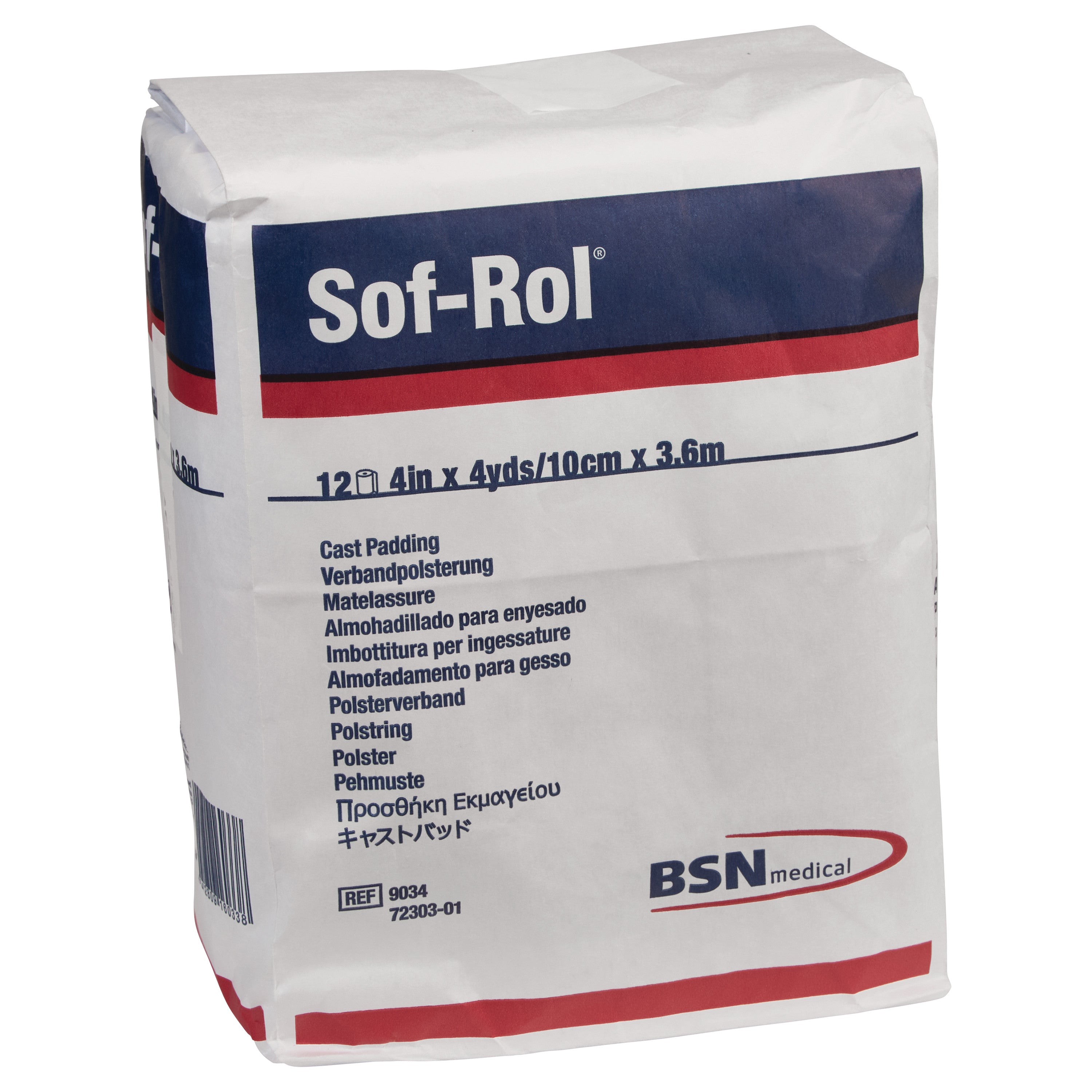 Delta-Cast Sof-Rol Synthetic Cast Padding in white packaging, labeled with size 12in x 4yds/10cm x 3.6m and multiple languages.