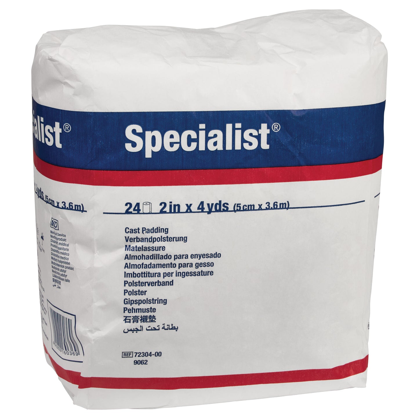 Delta-Cast Specialist Cotton Blend Cast Padding, 2 inches by 4 yards, packaging showing product details in multiple languages.