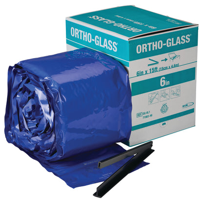 Delta-Cast Ortho-Glass Fiberglass Splinting System, Roll Form with a blue protective covering and two black clips next to the packaging.