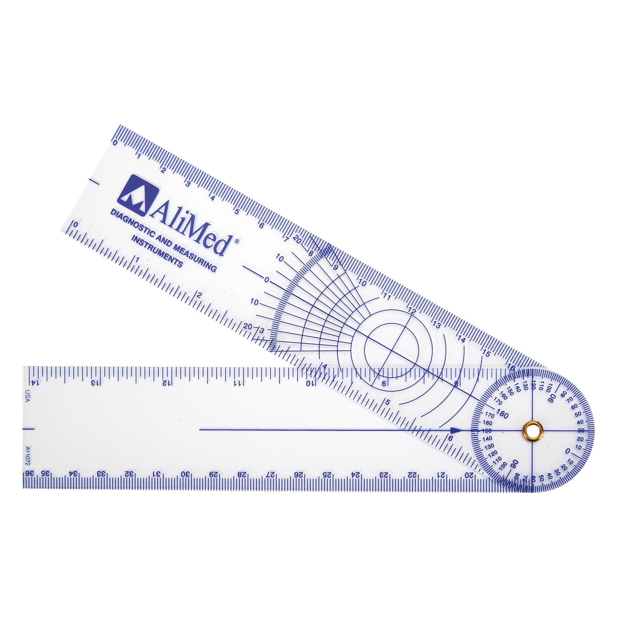 The AliMed Personal Rulanglemeter and Goniometer displays measurement scales and protractor angles for diagnostic use.