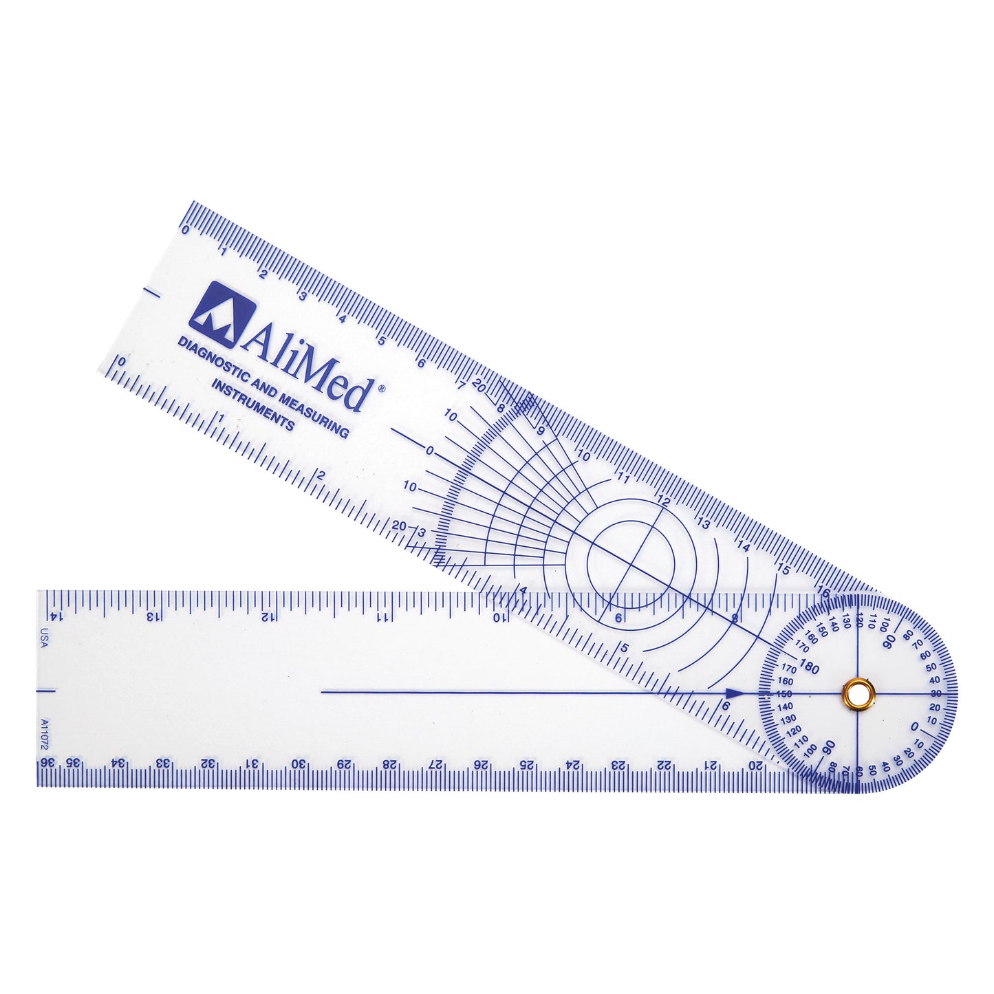 The AliMed Personal Rulanglemeter and Goniometer displays measurement scales and protractor angles for diagnostic use.
