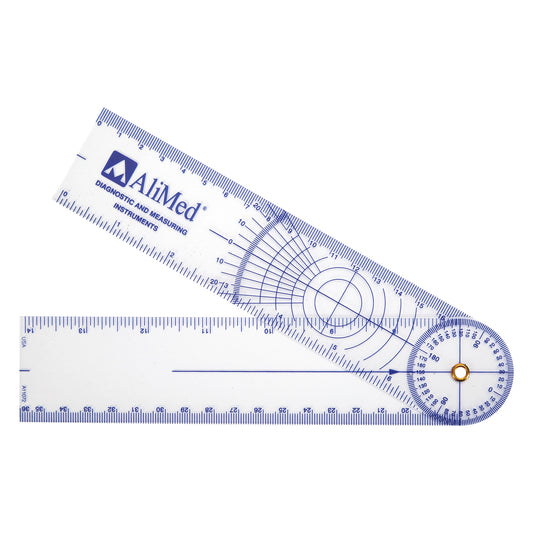 The AliMed Personal Rulanglemeter and Goniometer displays measurement scales and protractor angles for diagnostic use.