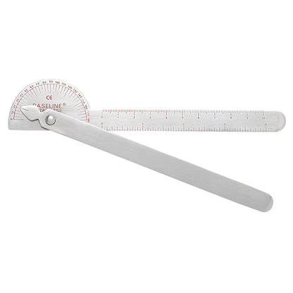 Baseline Robinson Goniometer with stainless steel arms and a protractor for measuring joint angles accurately in degrees.
