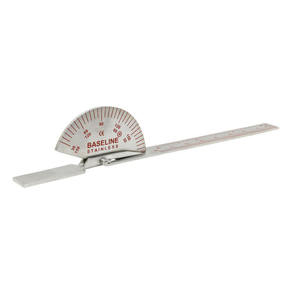Baseline Stainless Steel Finger Goniometer with a semi-circular protractor for measuring joint angles, featuring a metal ruler.