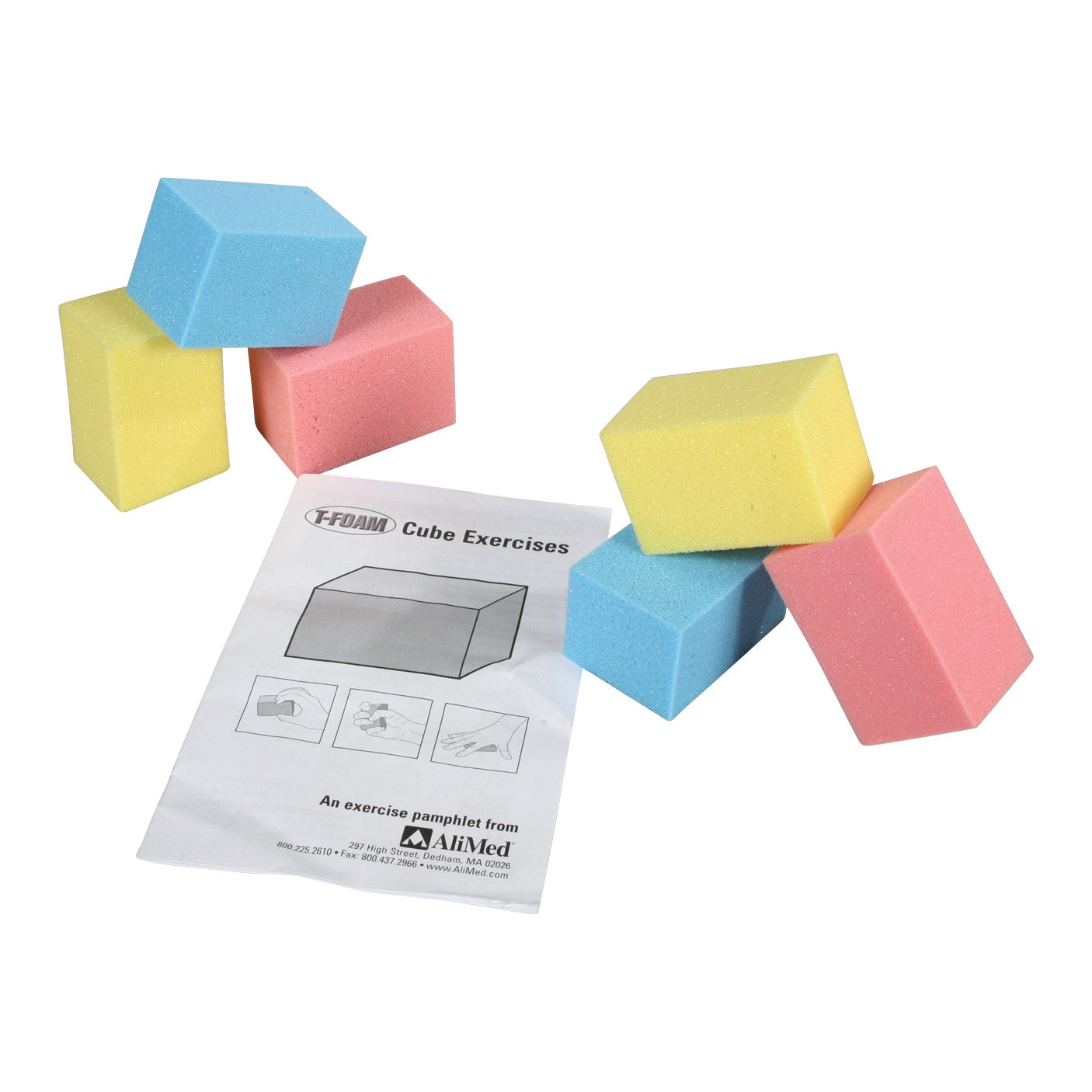 AliMed T-Foam Visco Cube Set includes blue, pink, and yellow foam cubes with an exercise pamphlet for therapeutic use.